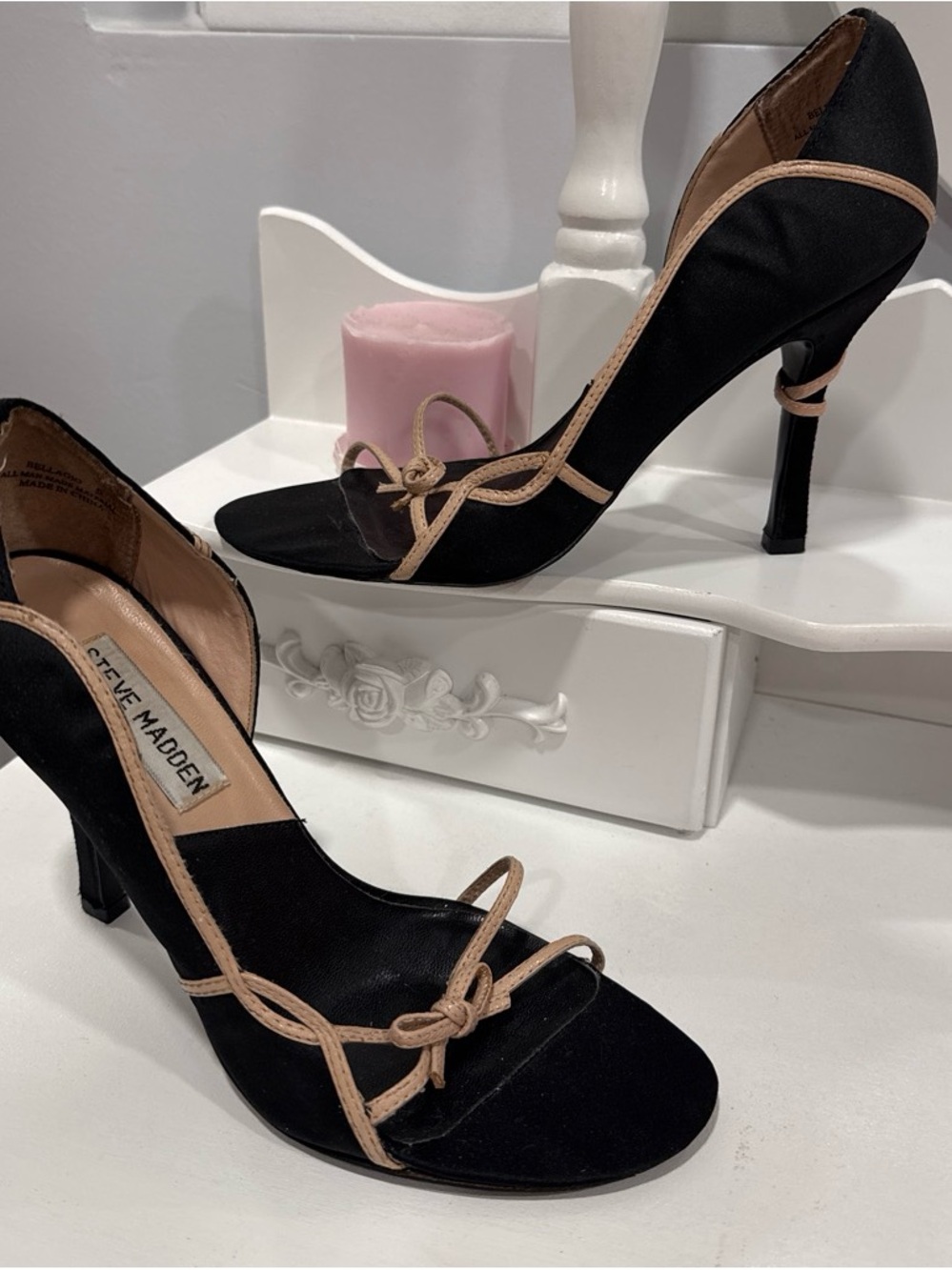 Steve Madden Black Satin Heels with Pink Trim